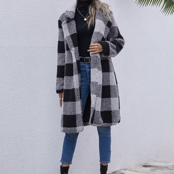 buffalo plaid black grey teddy trench coat jacket - Picture 2 of 7